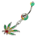 Jamaican Pot Leaf Dangle Crystal Navel Belly Ring Bar J6T5