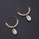 Shell Pendant Hoop Earrings Women Wooden Bead Drop Earrings Jewelry (White) A