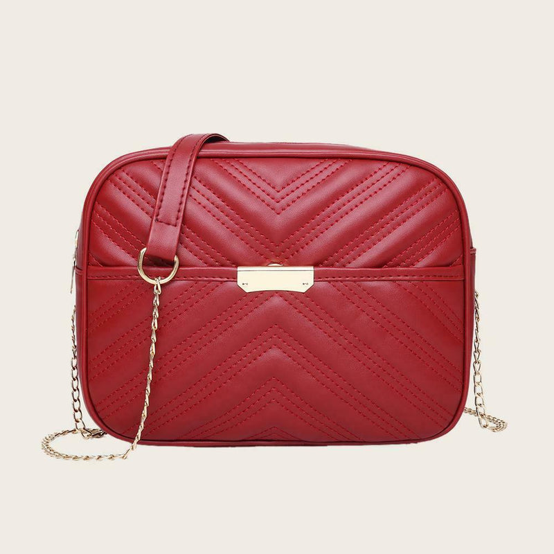 Women Simple Leather Crossbody Bag Chain Shoulder Messenger Handbag (Red) A
