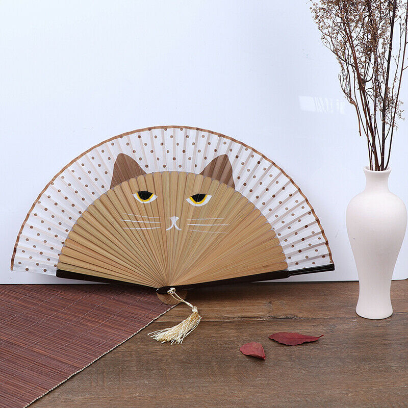 Summer Bamboo Folding Fan Hand Held Cartoon Cat Baking Varnish Fan Pocket Gif Kw