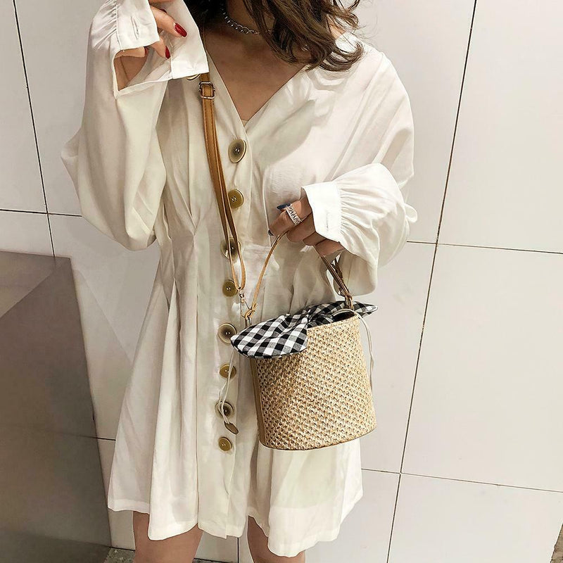 Straw Shoulder Messenger Handbags Women Crossbody Bucket Bags (Light Brown)