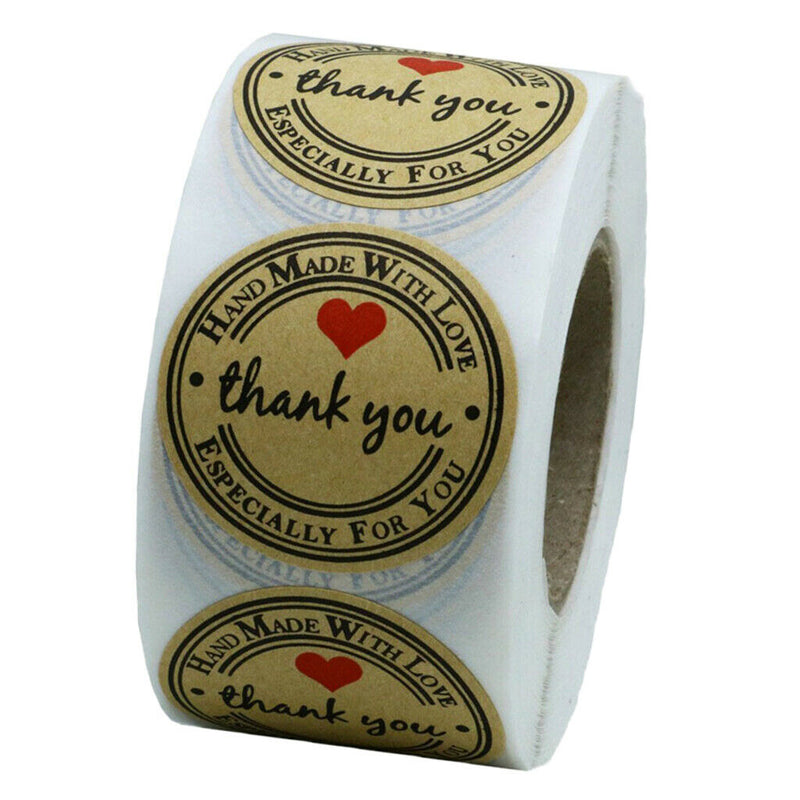 1 Roll Of 500pcs Round Kraft Thank You Stickers Self Adhesive Labels Brown