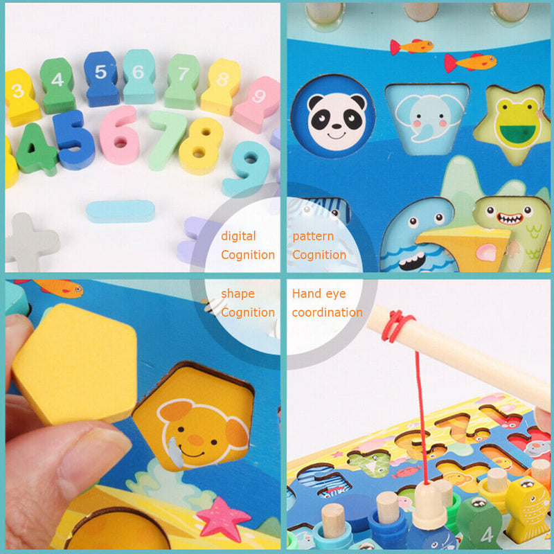 Wooden Kids Number Matching Fishing Board Digital Teaching Math Puzzle Toys