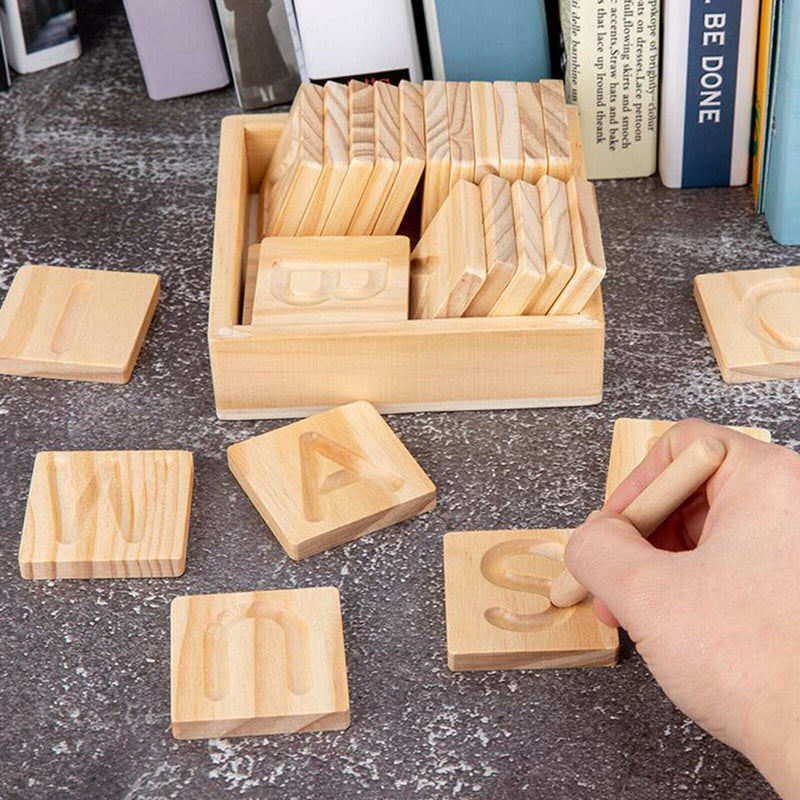 Wood Alphabet Tracing Puzzle Wood Cards Blocks Capital Letter Recognition 3+