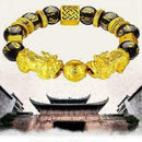 Feng Shui Black Bead Alloy Wealth Bracelet with Golden Pixiu Charms Jewelry U2Z0