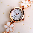 Girls Chic Fashion Flower Rose Golden Bracelet Wrist Watch White A