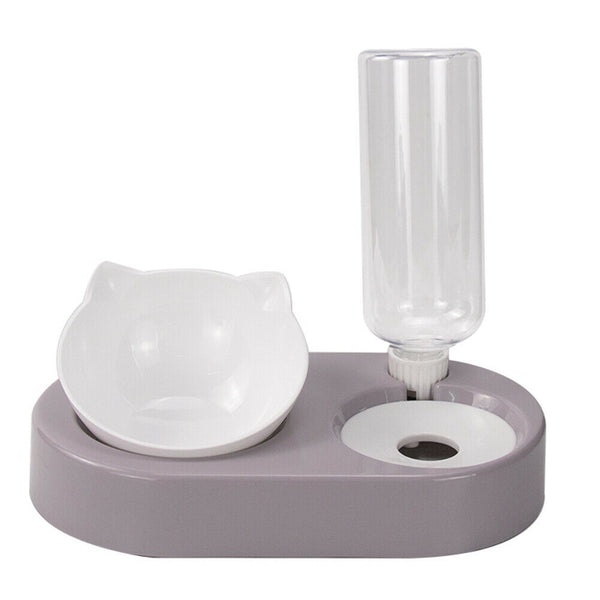 Pet Automatic Feeder Cat Food Double Bowl w/Water Dispenser Bottle (Grey) A#S