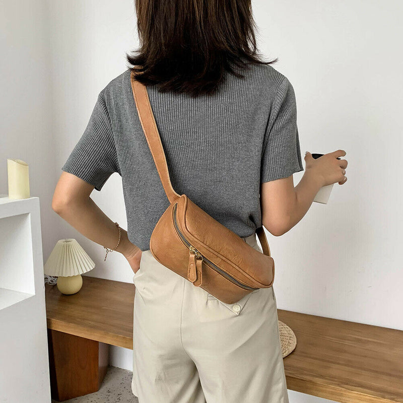 Fashion PU Shoulder Bag Women Pure Fanny Chest Crossbody Pack (Light Brown)