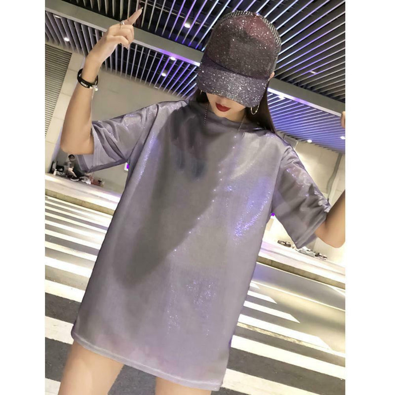 Fashion Women Bling Solid Short Sleeve Loose T-Shirts Long Tops (Purple L)