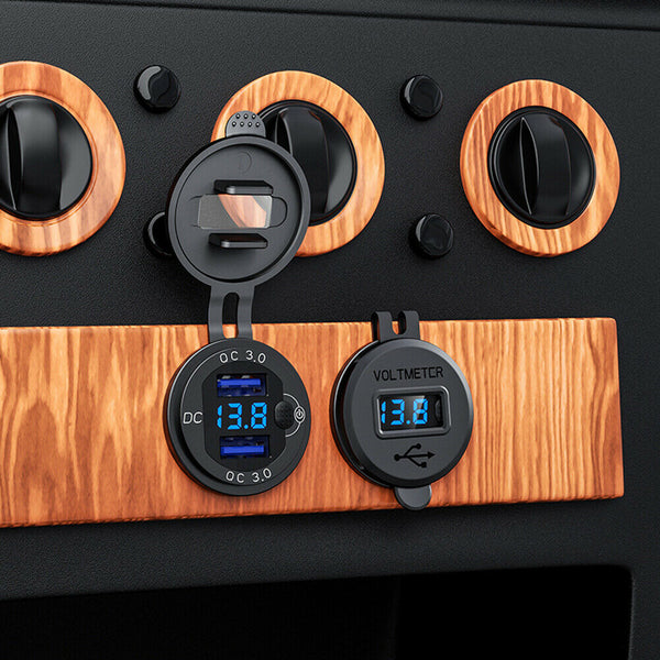 L4 Car Dual USB Charger QC3.0 USB Power Outlet w/ Voltmeter+ Switch (Black) A#S