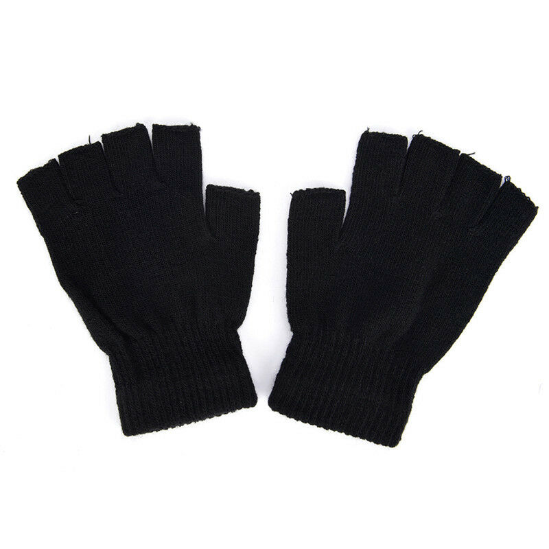 Men Black Knitted Stretch Elastic Warm Half Finger Fingerless Gloves WinterLJ