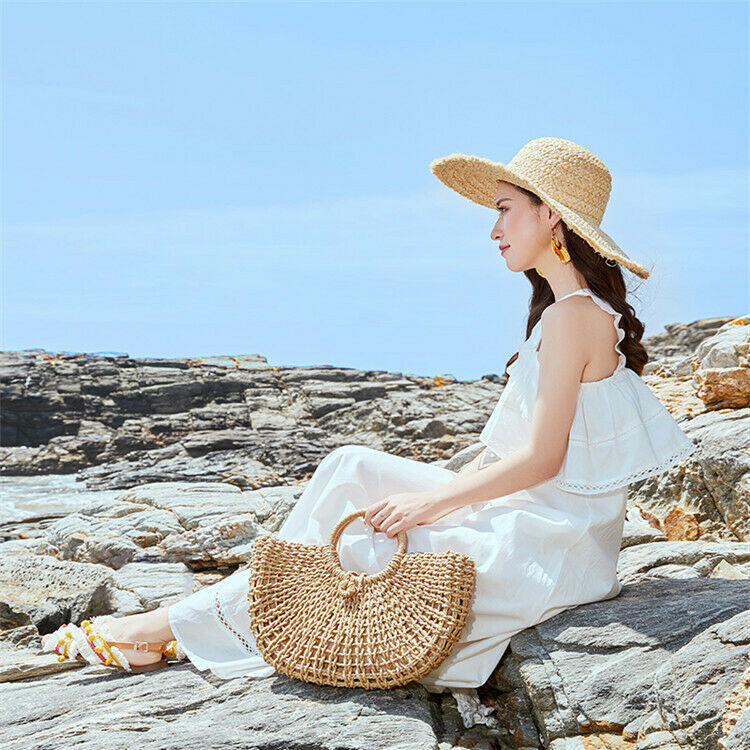 Straw Bag Paper Rope Round Bucket Hollow Woven Bag Retro Casual Belt Buckle H2S1