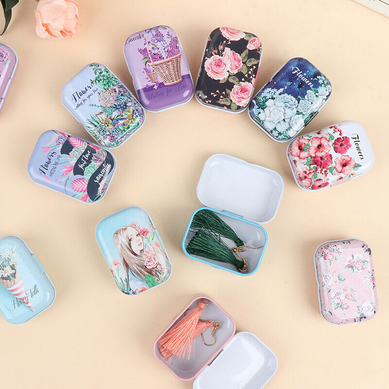1*Mini Flower Tin Trinket Jewelry Coin Box Tinplate Storage Case Small Recta Gw