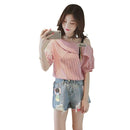 Fashion Women Short Sleeve Stripe Off Shoulder Loose T-Shirts Tops (Pink L)