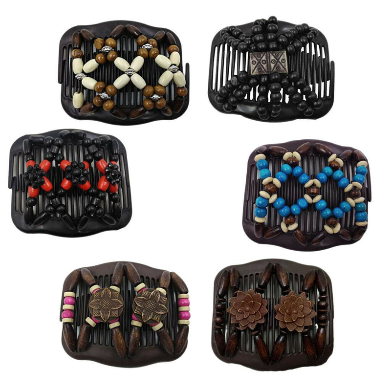 6Pcs  Wood Beads Double Hair Comb Clip Stretchy Hair Combs Ladies Party