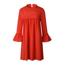Solid Color Loose Straight Dress Pleated Women Chiffon Dresses (Red S) A