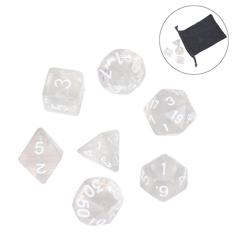 7pcs/lot White Polyhedral Transparent Dices Multi-side With Cloth Bag For Game-+