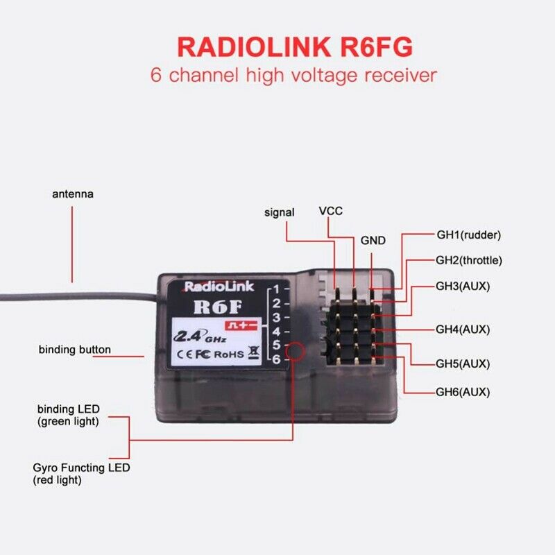 Radiolink R6F 6CH 2.4GHz RC Car and Boat Receiver for RC6GS RC4GS RC3S RC4G W9L1