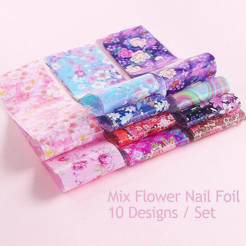 10 Flower Transfer Manicure Decor Nail Foil Nail Art Stickers Holographic Decals