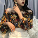 Women Floral Print Tops Off Shoulder Long Sleeve T-Shirts Tunic Tee Shirts- Gw