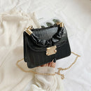 Alligator PU Shoulder Bag Women Pleated Totes Retro Chain Handbag (Black)
