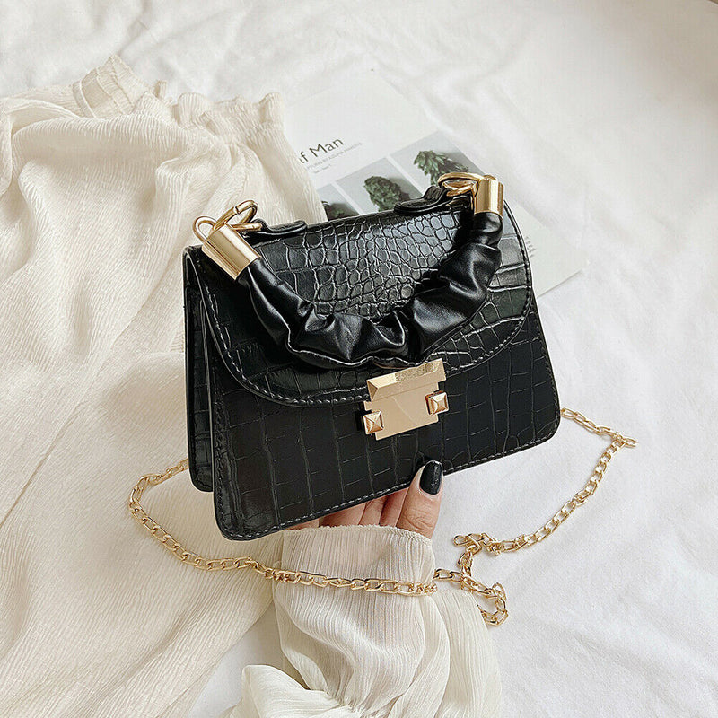 Alligator PU Shoulder Bag Women Pleated Totes Retro Chain Handbag (Black)