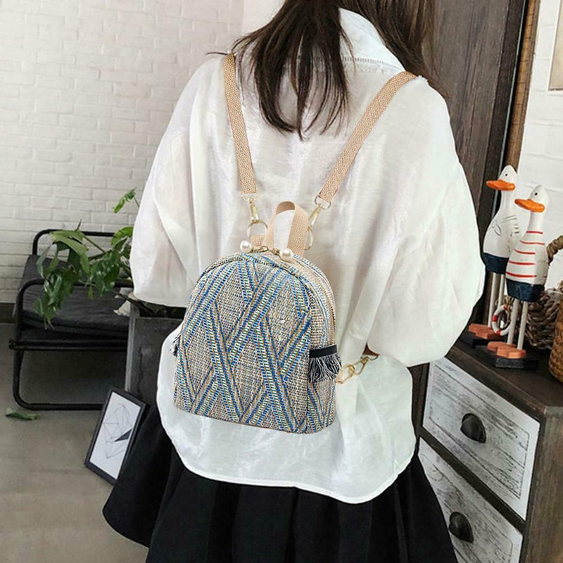 Straw Woven Small Backpacks Women Stripe Print Shoulder School Bags (Blue)