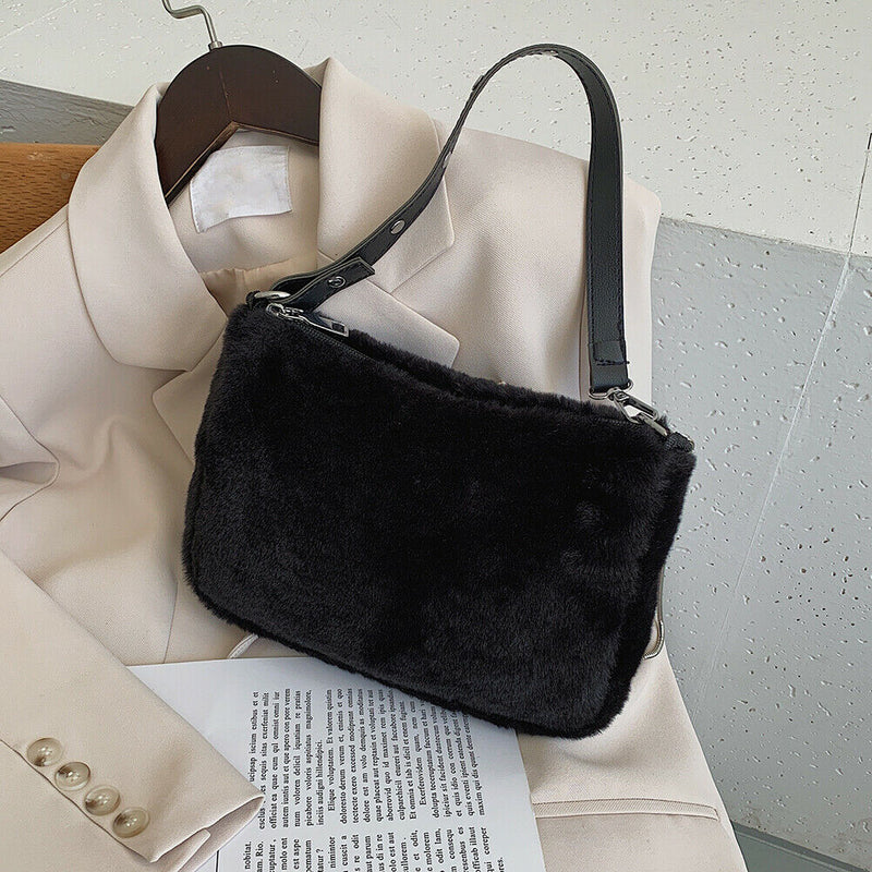 Plush Underarm Pack Shoulder Messenger Bag Women Soft Fluffy Totes (Black)