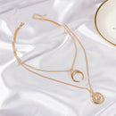 Retro Women Necklace Metal Chain Multi-layer Moon Pendant Choker Jewelry