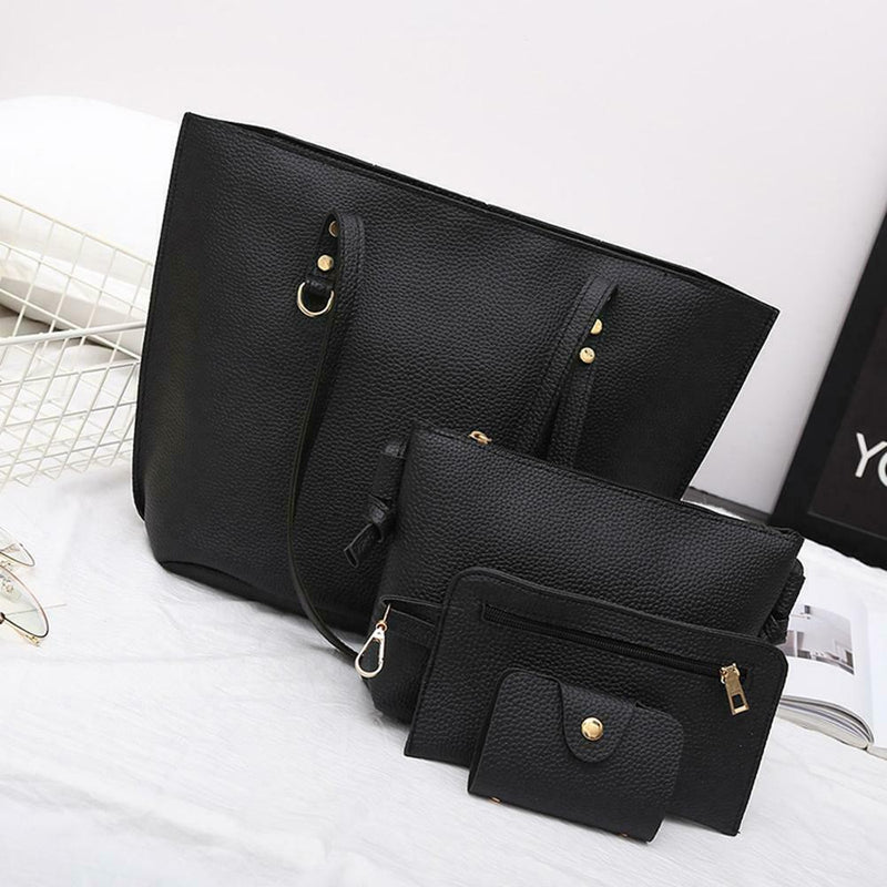 4pcs/set Solid Color Litchi Pattern Women Shoulder Handbags Clutch (Black)