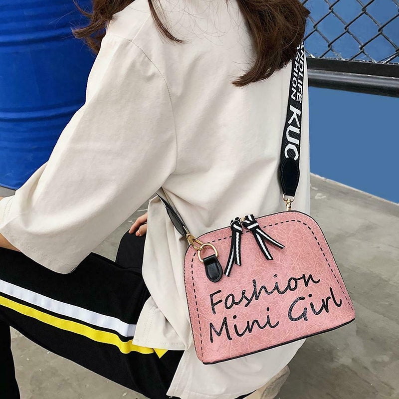 Women PU Leather Shell Wide Shoulder Strap Crossbody Messenger Bag (Pink) A