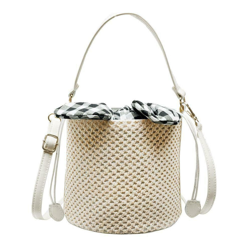 Straw Woven Shoulder Messenger Handbags Women Crossbody Bucket Bags (Beige) A