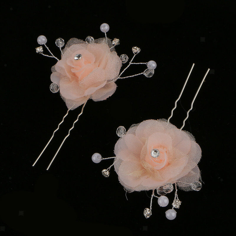 2pcs Wedding Bridal Lace Flower Crystal Beads Pearls Hairpins Hair Clips