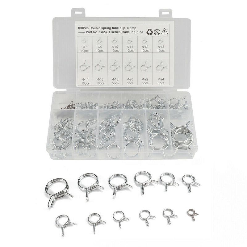 100pcs 12 Sizes Double Wire Spring Hose Clamps Fuel Line Hose Tube Clip Assorted