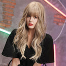 Women Girls Light Blonde Long Wave Wigs with Neat Bangs, Natural Long Curly Heat