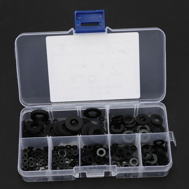 250Pcs Black Nylon Washer Flat Washer Assortment Kit M2 M2.5 M3 M4 M5 M6 M8