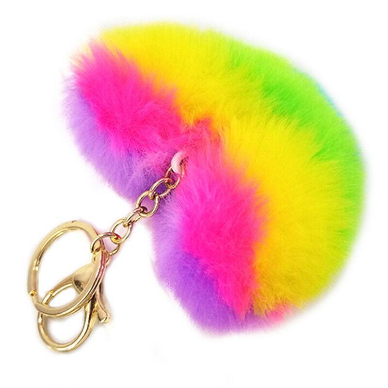 Rainbow Heart Key Chain  Pompom Ball Keychain Fluffy Bag Keyring Xmas Gift â„–#