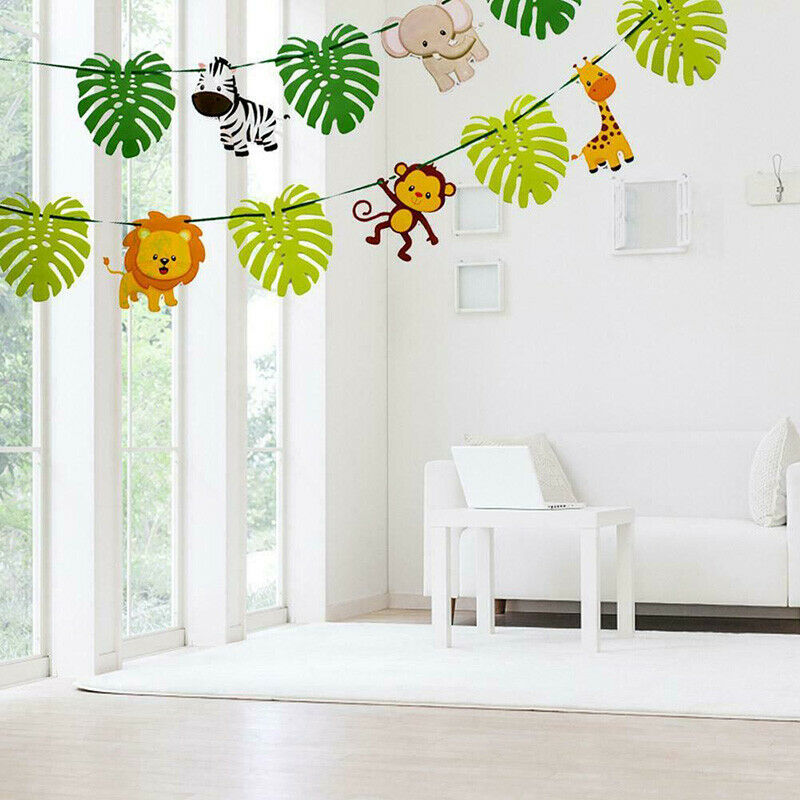 Animal Cartoon Animal Jungle Leaf Theme Bunting Birthday Banner Party Decor FT