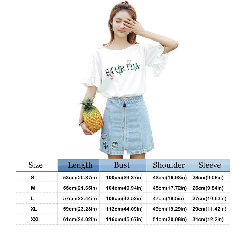 Embroidery Letter Print T-shirts Women O-neck Flare Sleeve Tees Tops (M)
