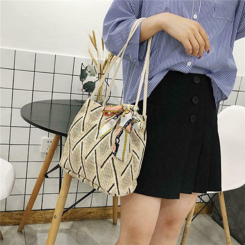 Silk Decor Shoulder Handbags Straw Women Top-handle Shopping Totes (Beige) A