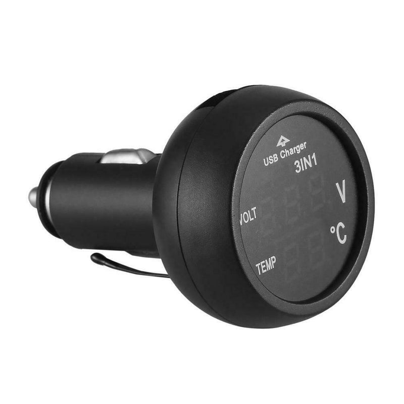 3 in 1 12/24V Car LED Digital Voltmeter Gauge+Thermometer+USB Charger(Blue)