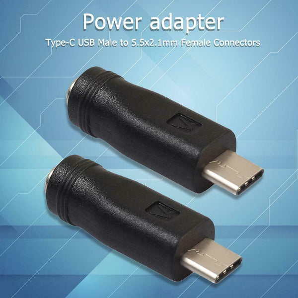 2pcs DC Power Adapter Converter Type-C USB Male to 5.5x2.1mm Female Connector