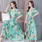 Elegant Floral Print Maxi Women Summer V-neck Short Sleeve Belt Dresses (M) A