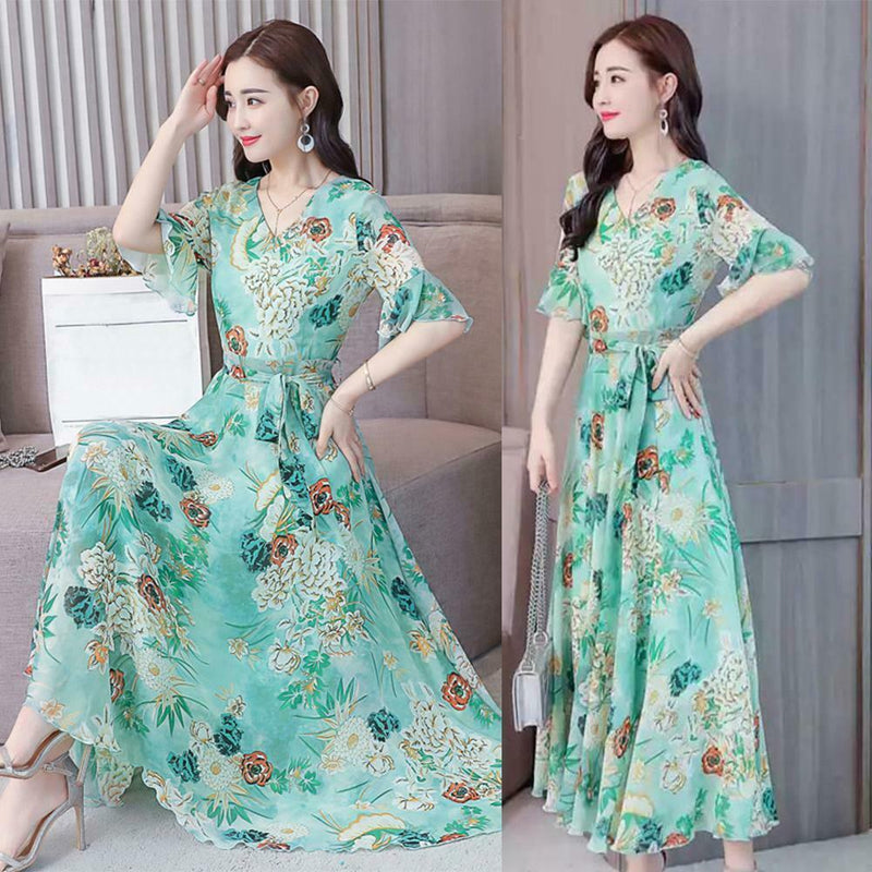 Elegant Floral Print Maxi Women Summer V-neck Short Sleeve Belt Dresses (M) A