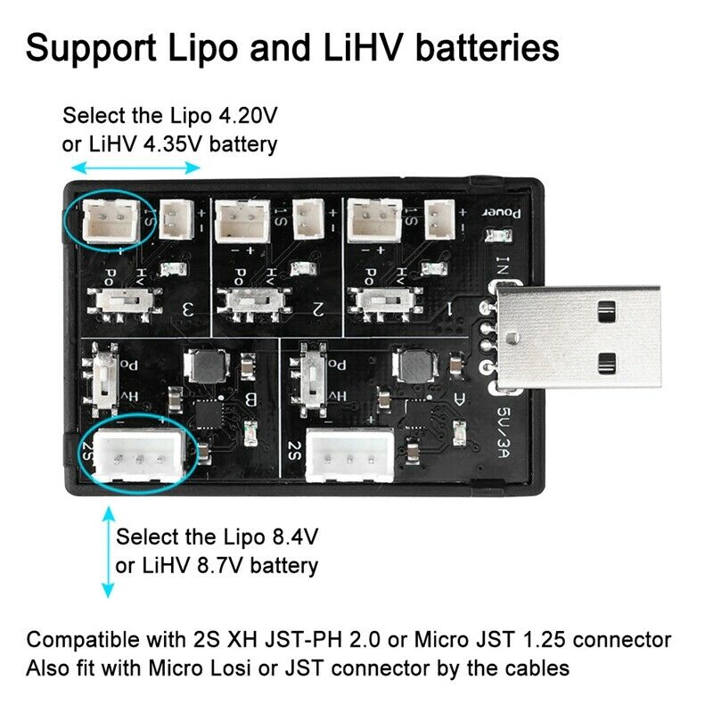 3.7V 3.8V 1S 2S LiPo LiHV Lithium Battery USB Port Charger Charging Board f V5W5