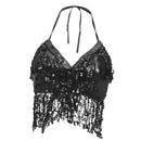 Women Glitter Sequin Tassel Halter Crop Top Latin Belly DancE Bra Top Black