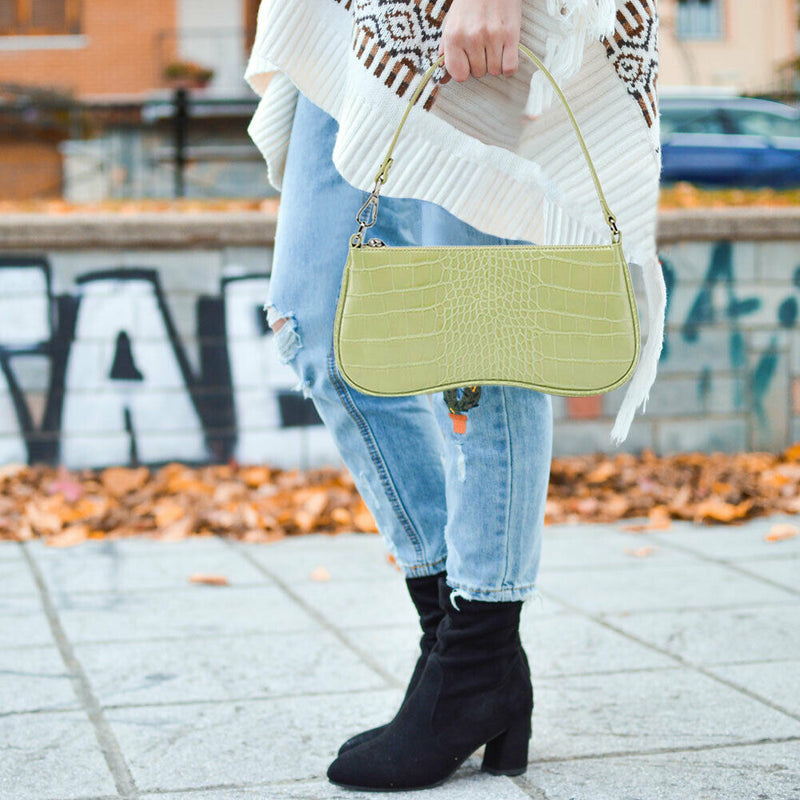 Solid Casual Zipper Handbags Tote Women Retro Alligator PU Shoulder Underarm Bag