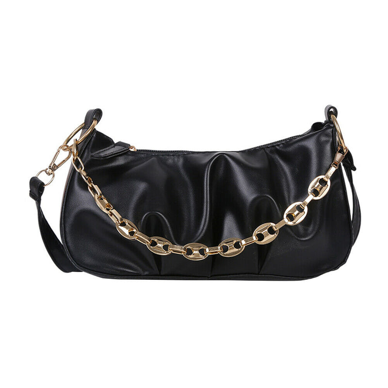 Solid Pleated Women Shoulder Bag PU Clear Chain Crossbody Handbag (Black)