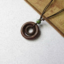 Unisex Retro Double Circle Pendant Brown Wood Bead Pendant Rope Chain Neckl S9C2