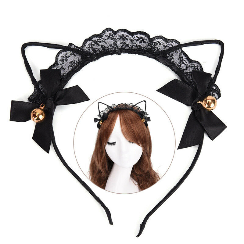 Women Lace Cat Ears Headband Bells Party Costume Fancy Dress Hair Hoop  OZA Gw